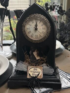 NWT Halloween Witch Black Gothic Mantel Faux ClockDecor - The Witching Hour